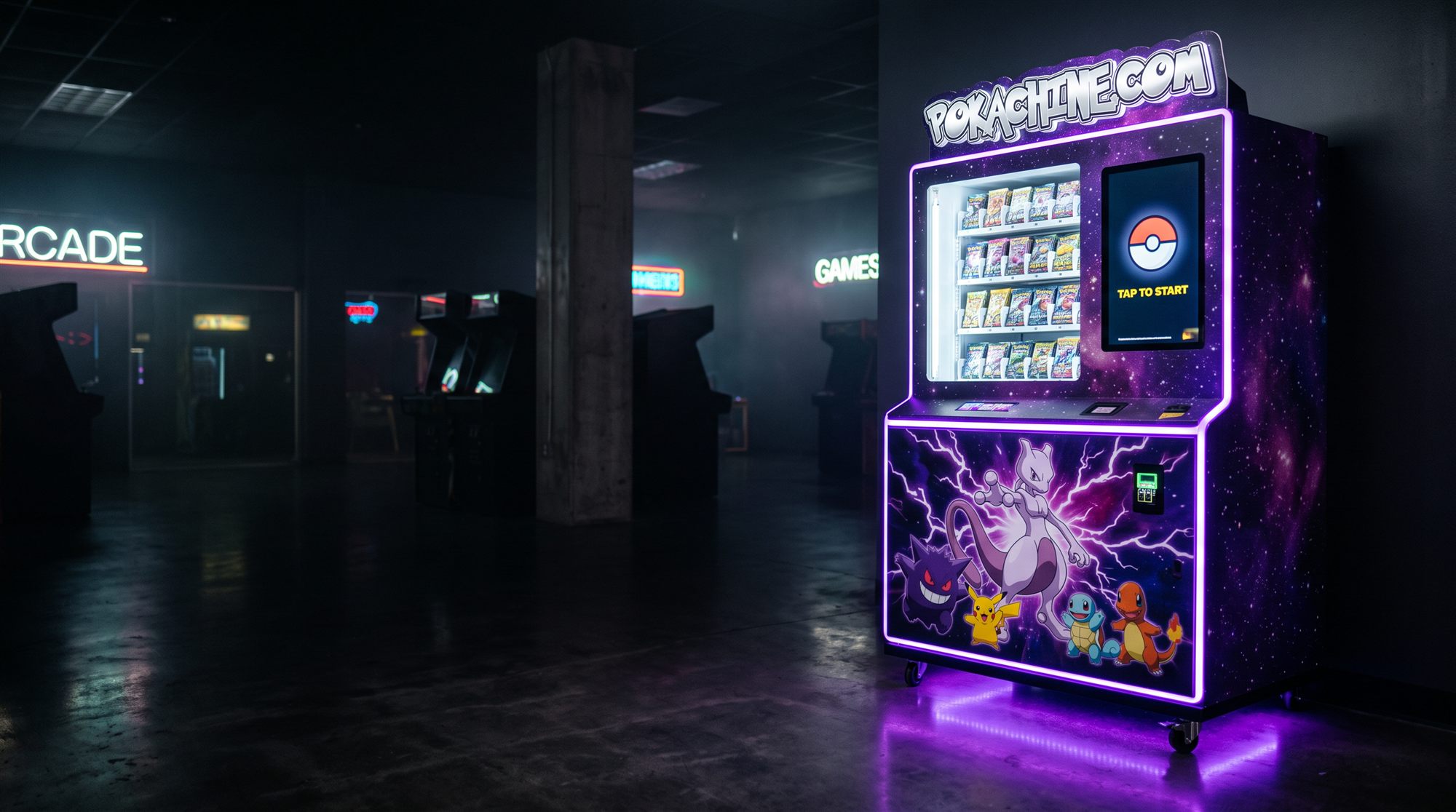 The Pokachine machine glowing in a dark arcade, purple LED underglow on the floor