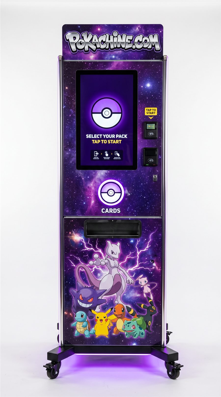 Front view of the Pokachine machine: chrome logo, touchscreen, tap payment, Mewtwo galaxy artwork and LED trim