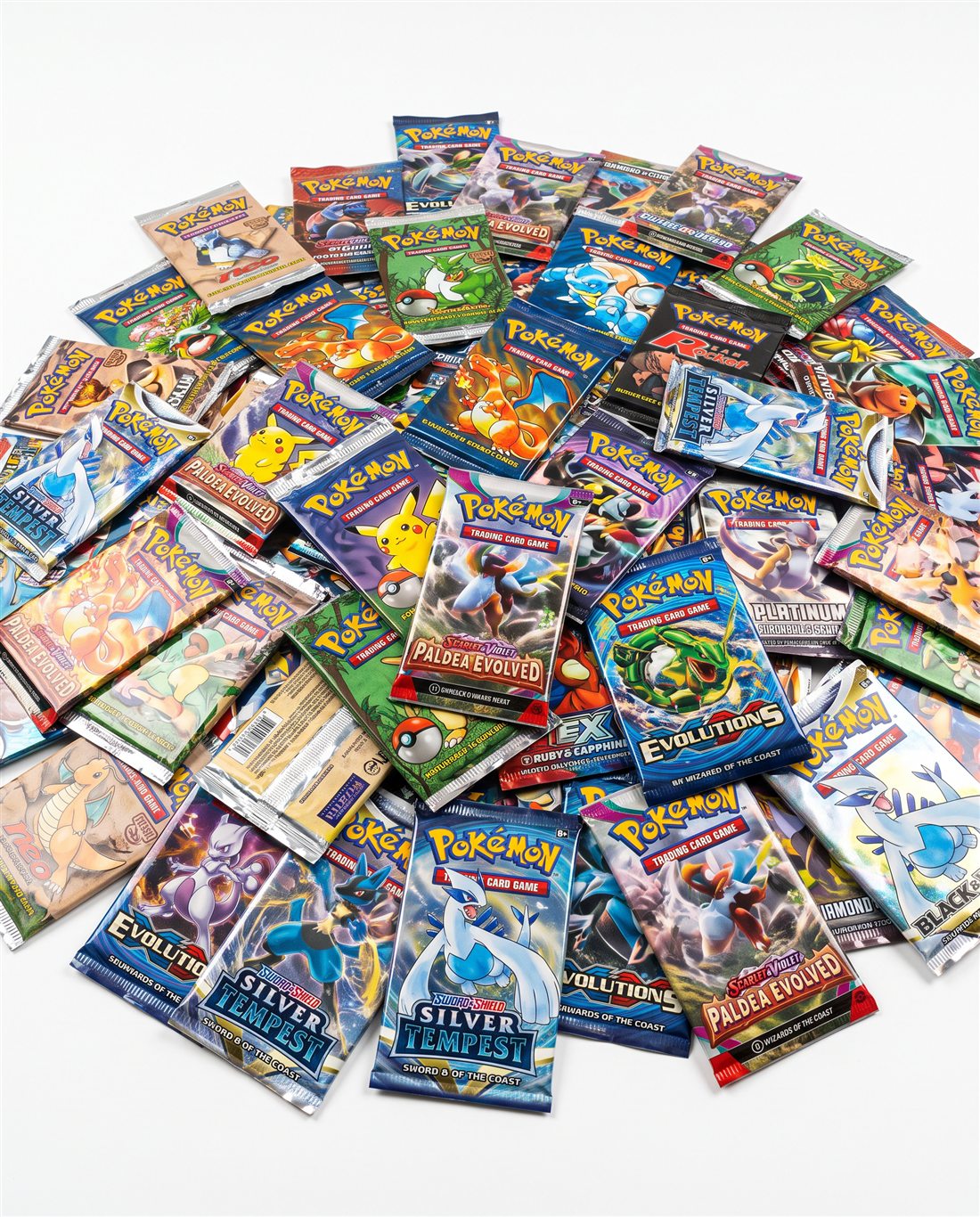 A pile of sealed Pokémon booster packs