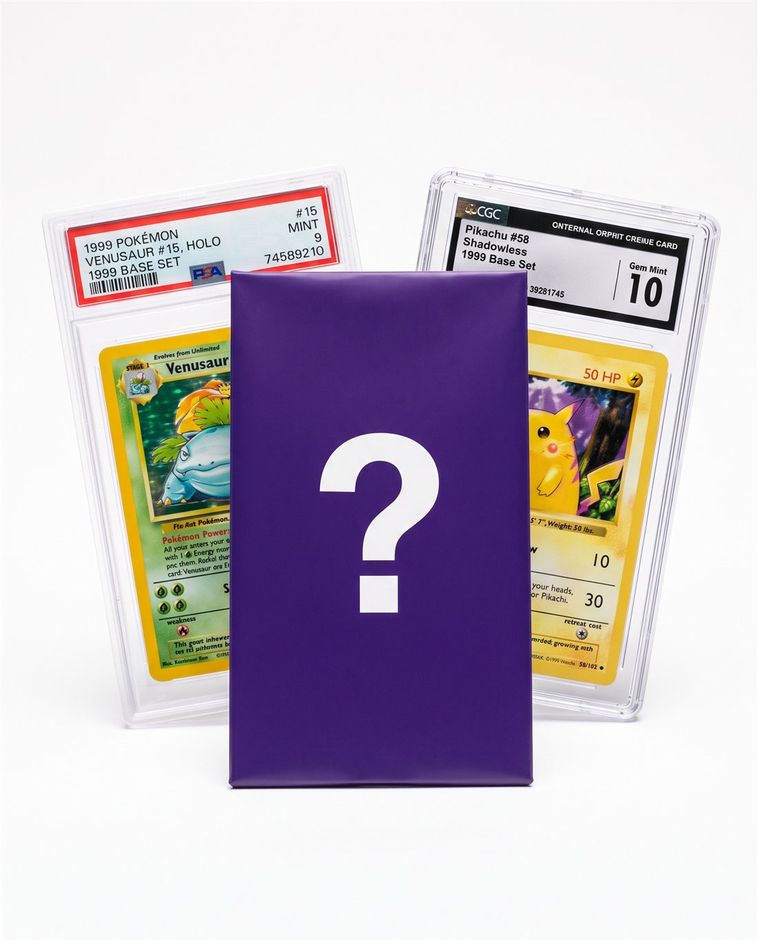 Graded card slabs, the front one sealed in a purple mystery sleeve